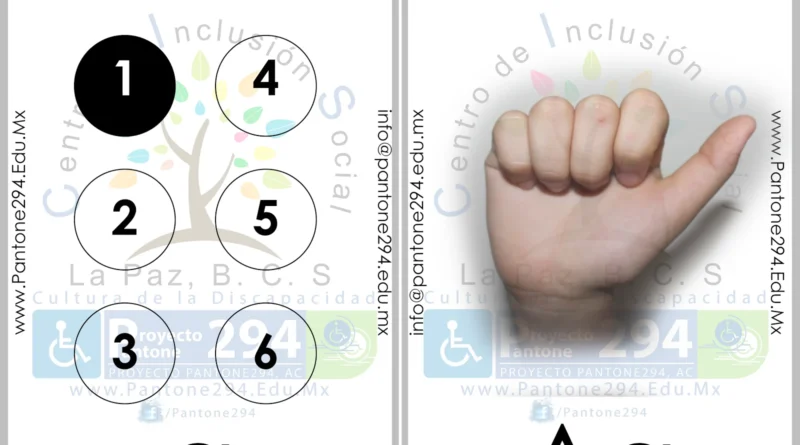 Tarjeta educativa comparativa con letra A en sistema Braille y Lengua de Señas Mexicana, mostrando puntos braille y configuración manual correspondiente.