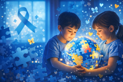 Ni&ntilde;os observando un globo de rompecabezas iluminado que simboliza el autismo y la diversidad, en un ambiente c&aacute;lido y emp&aacute;tico.
