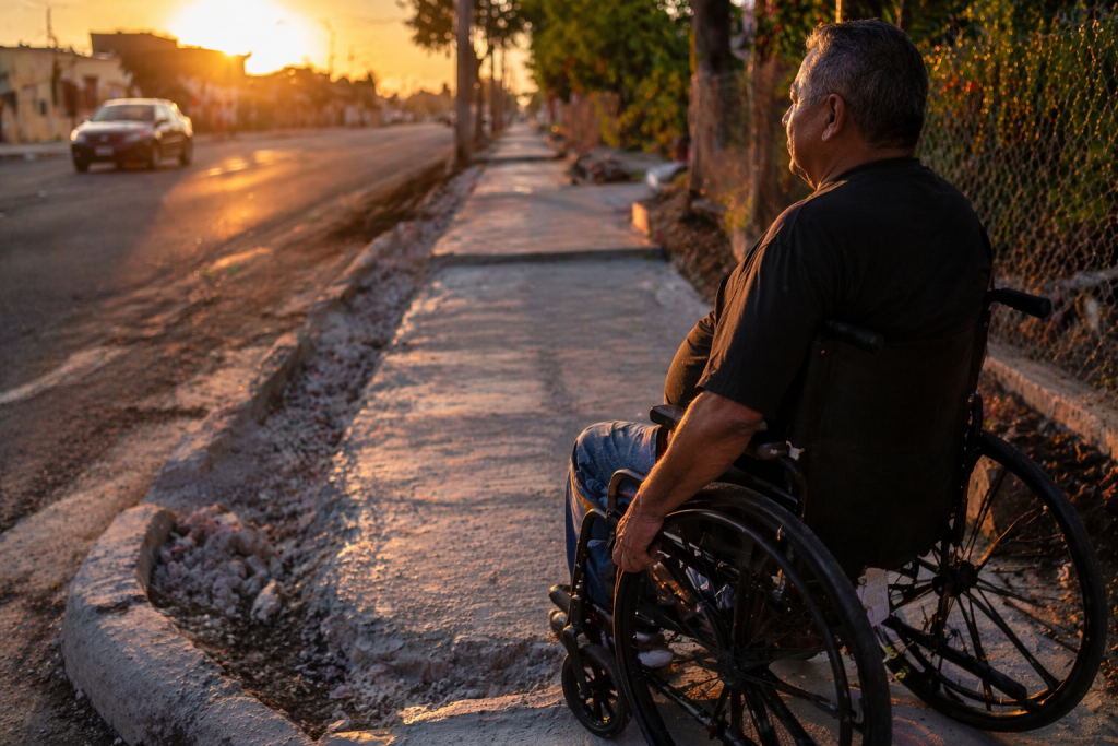 Persona en silla de ruedas observa banqueta accesible tras intervenci&oacute;n ciudadana en La Paz BCS