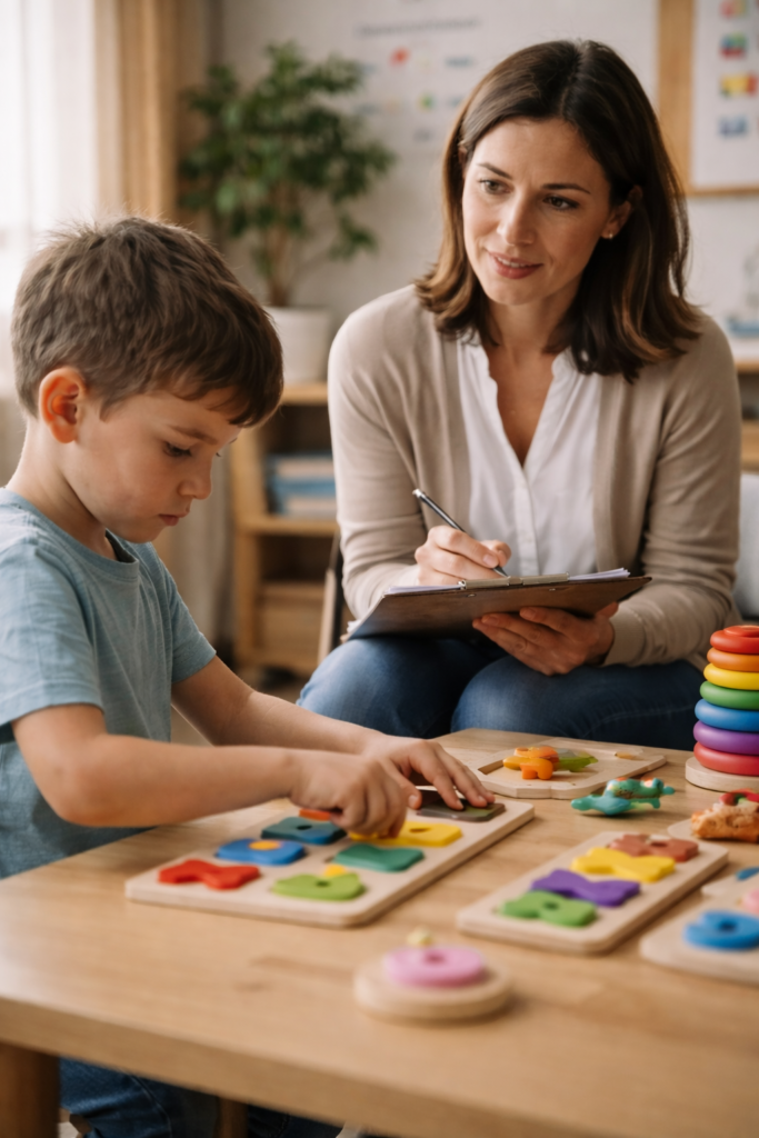 Especialista eval&uacute;a a un ni&ntilde;o en consulta cl&iacute;nica con materiales did&aacute;cticos sobre la mesa en un ambiente terap&eacute;utico c&aacute;lido.