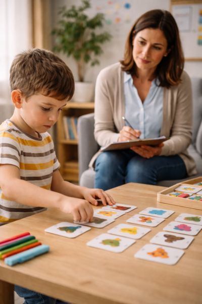 Ni&ntilde;o realiza actividades con tarjetas educativas mientras un especialista observa y toma notas en un entorno terap&eacute;utico.