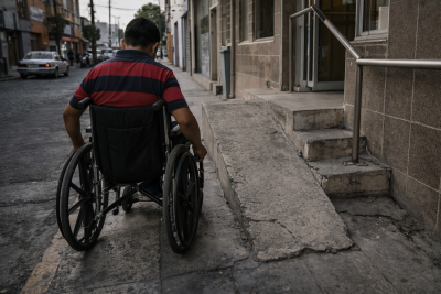 Persona en silla de ruedas intentando acceder a un edificio con rampa inadecuada en un entorno urbano de M&eacute;xico.