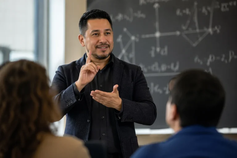 Profesor latinoamericano enseña matemáticas con lengua de señas frente a pizarrón en aula moderna inclusiva.