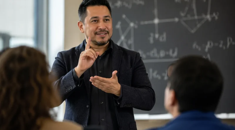 Profesor latinoamericano enseña matemáticas con lengua de señas frente a pizarrón en aula moderna inclusiva.