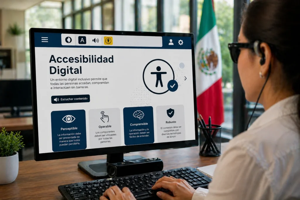 Pantalla de computadora mostrando sitio web accesible con texto Accesibilidad Digital y herramientas inclusivas