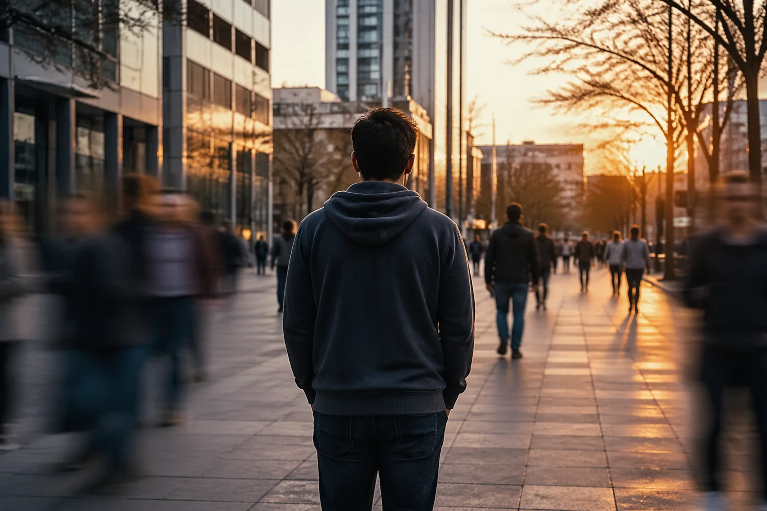 Persona adulta caminando sola por avenida urbana en España al atardecer, representando la falta de apoyos para adultos con autismo.