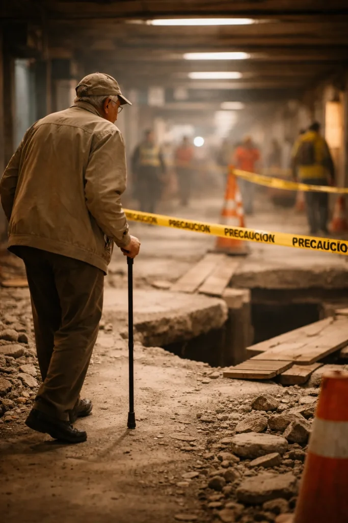 Adulto mayor con bast&oacute;n observa zona en construcci&oacute;n con huecos y cintas de precauci&oacute;n dentro de estaci&oacute;n del Metro
