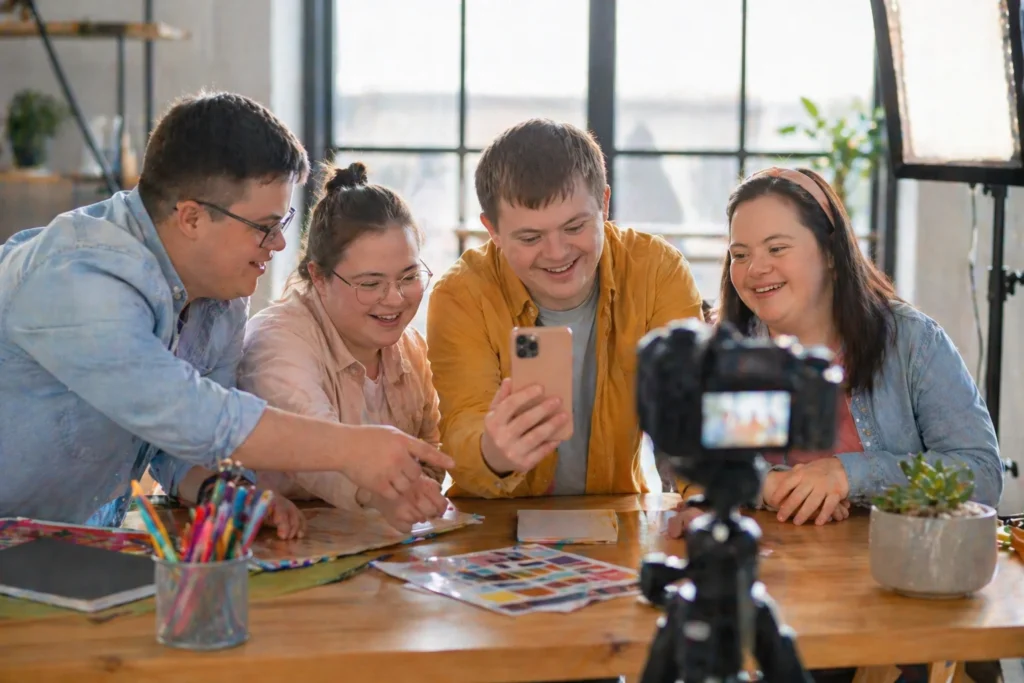 Inclusión y síndrome de Down. Grupo de adultos con síndrome de Down colaborando en la creación de contenido digital en un espacio creativo moderno