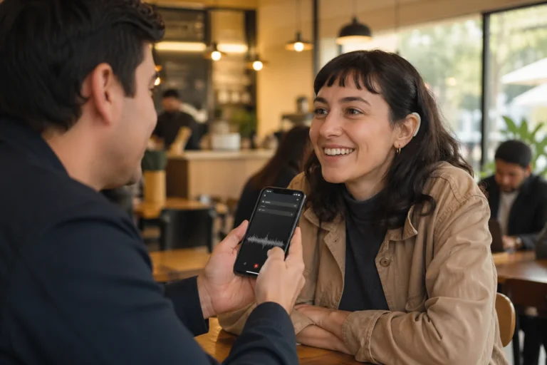 Persona adulta en cafetería de Chile usando aplicación móvil que convierte voz en texto en tiempo real durante conversación inclusiva.