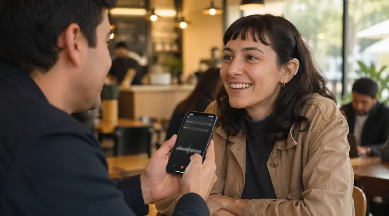 Persona adulta en cafetería de Chile usando aplicación móvil que convierte voz en texto en tiempo real durante conversación inclusiva.