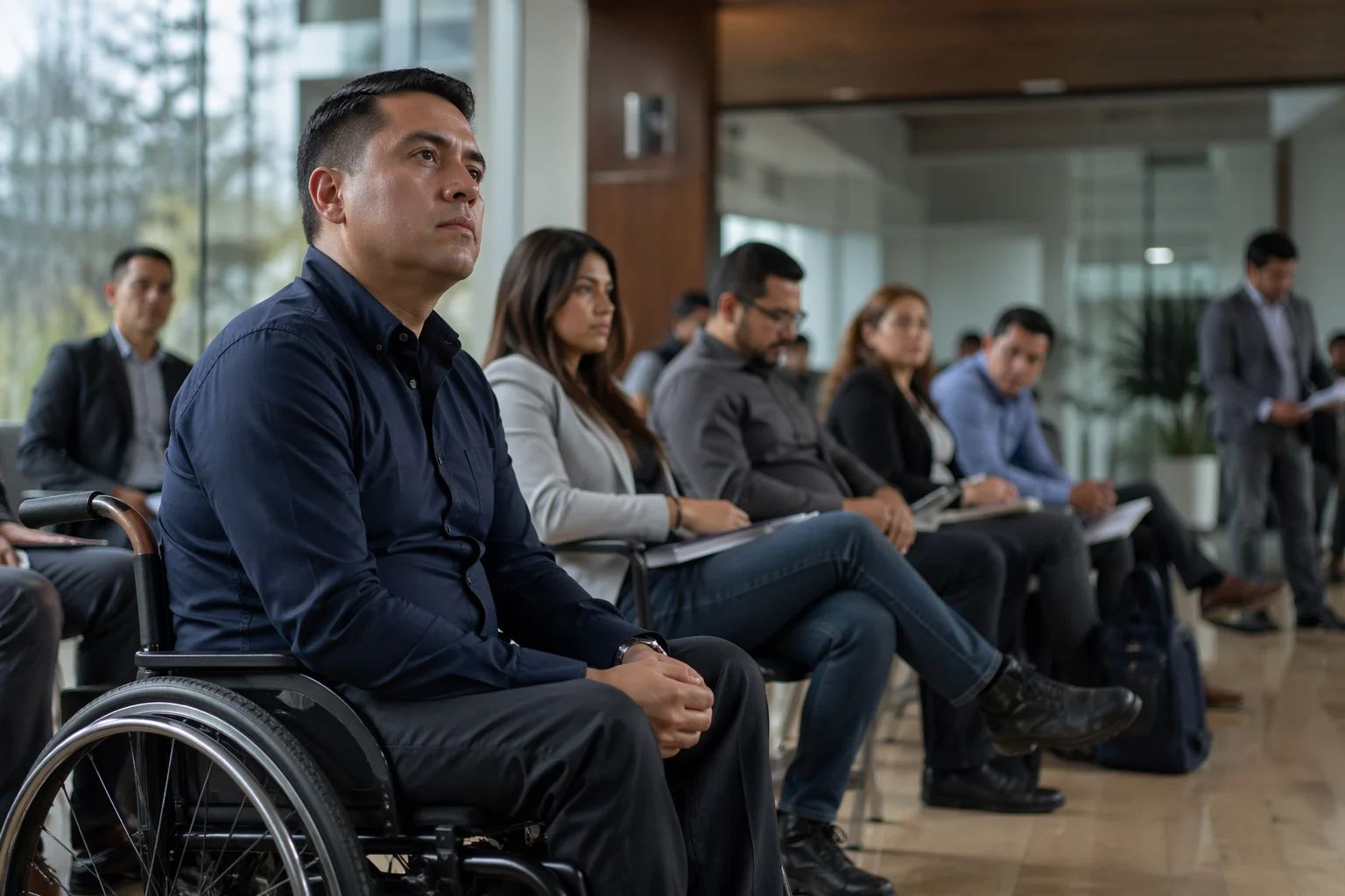 Personas adultas esperan proceso de selección en sala institucional moderna de México, con aspirante usuario de silla de ruedas en primer plano.