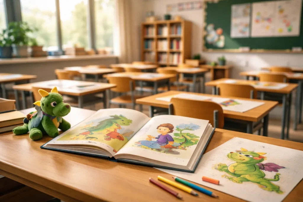 Aula escolar europea vac&iacute;a con libro infantil ilustrado abierto y dibujo de drag&oacute;n sobre escritorio, s&iacute;mbolo de inclusi&oacute;n y respeto.