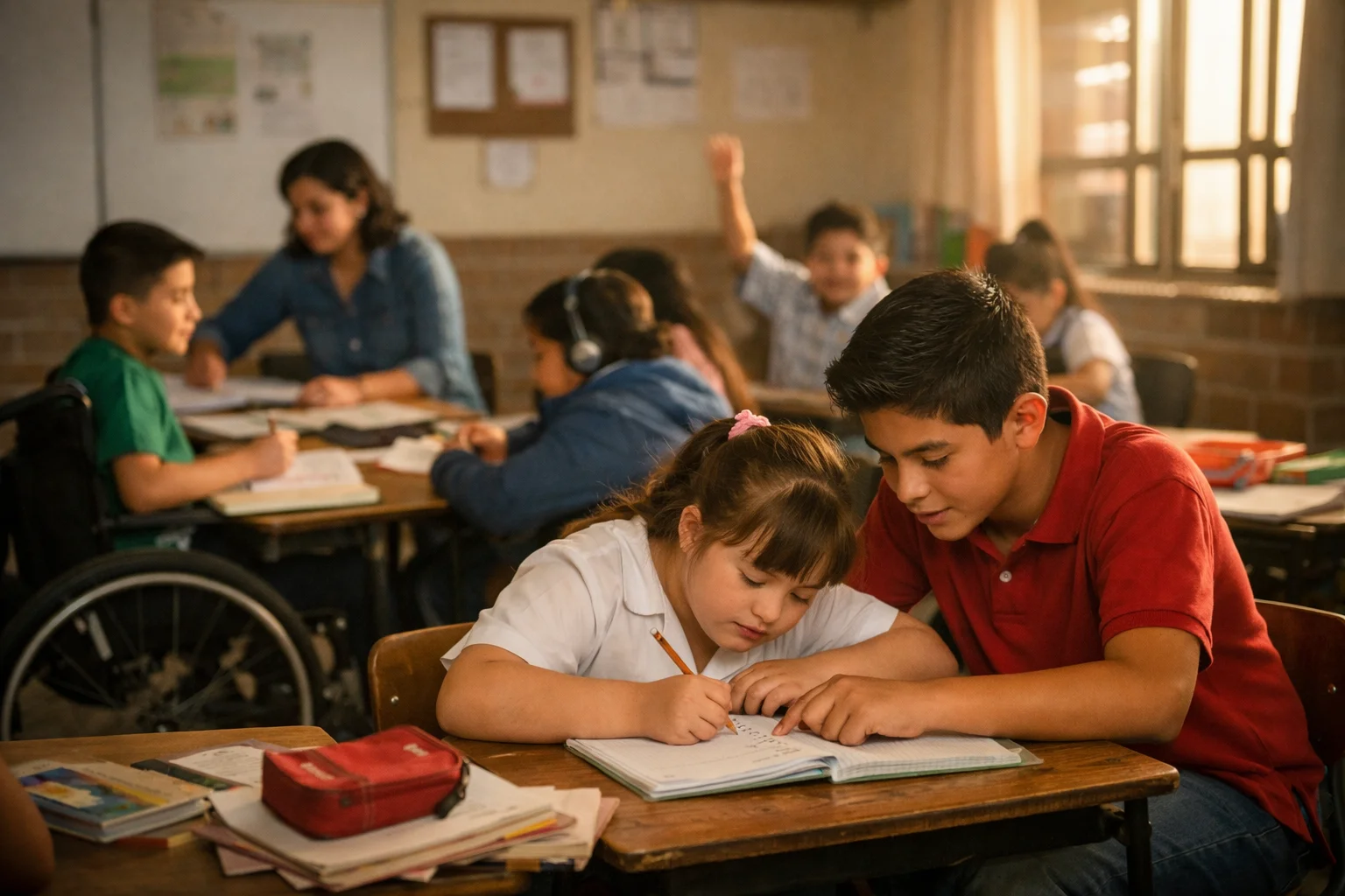 Estudiantes en aula escolar en M&eacute;xico trabajando juntos en un entorno inclusivo con diversidad de habilidades y apoyo entre compa&ntilde;eros