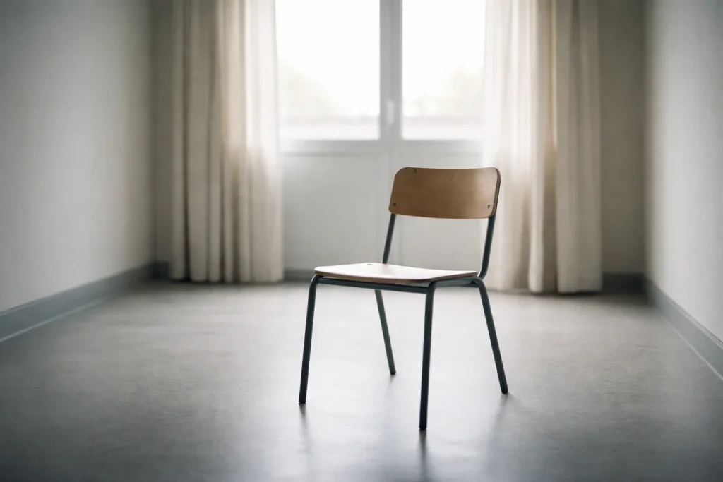 Silla vac&iacute;a frente a una ventana con luz natural, representando ausencia y falta de inclusi&oacute;n de personas con discapacidad