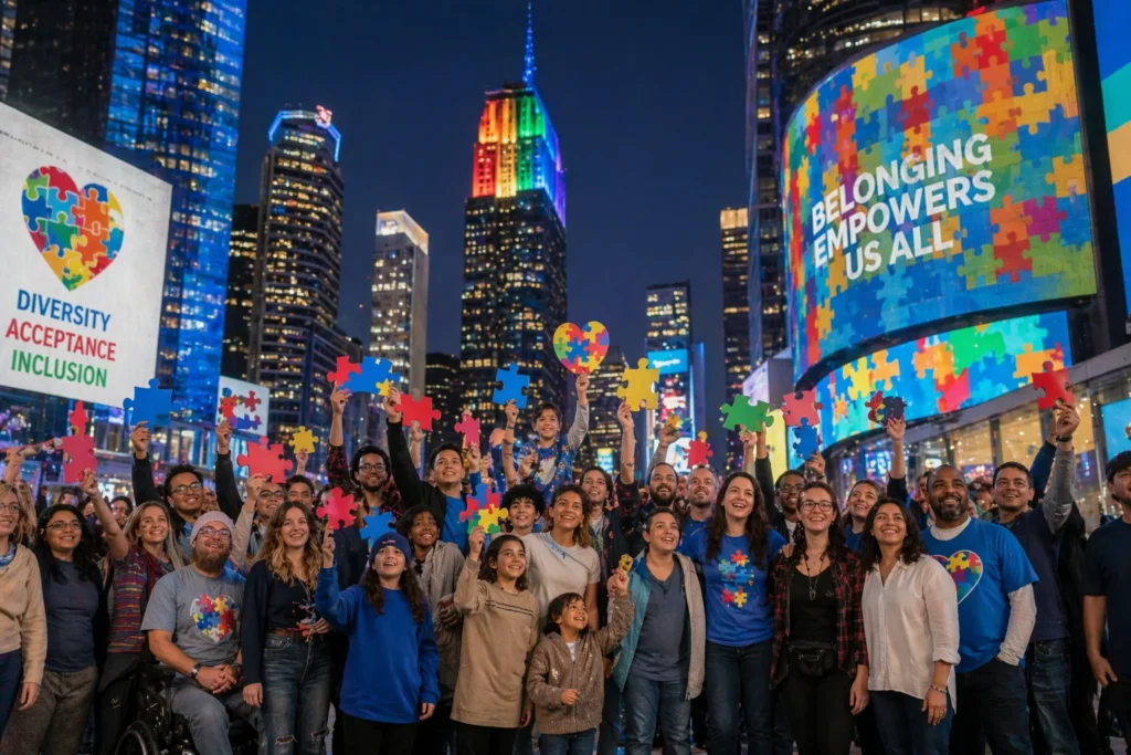 Grupo diverso celebra Autism Acceptance Month en ciudad iluminada con símbolos de neurodiversidad y ambiente esperanzador.