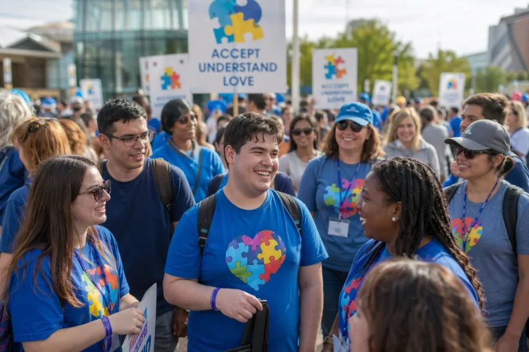 Comunidad diversa de adultos autistas y aliados participa en evento internacional por Autism Acceptance Month en una plaza moderna con ambiente inclusivo.