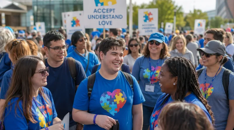 Comunidad diversa de adultos autistas y aliados participa en evento internacional por Autism Acceptance Month en una plaza moderna con ambiente inclusivo.