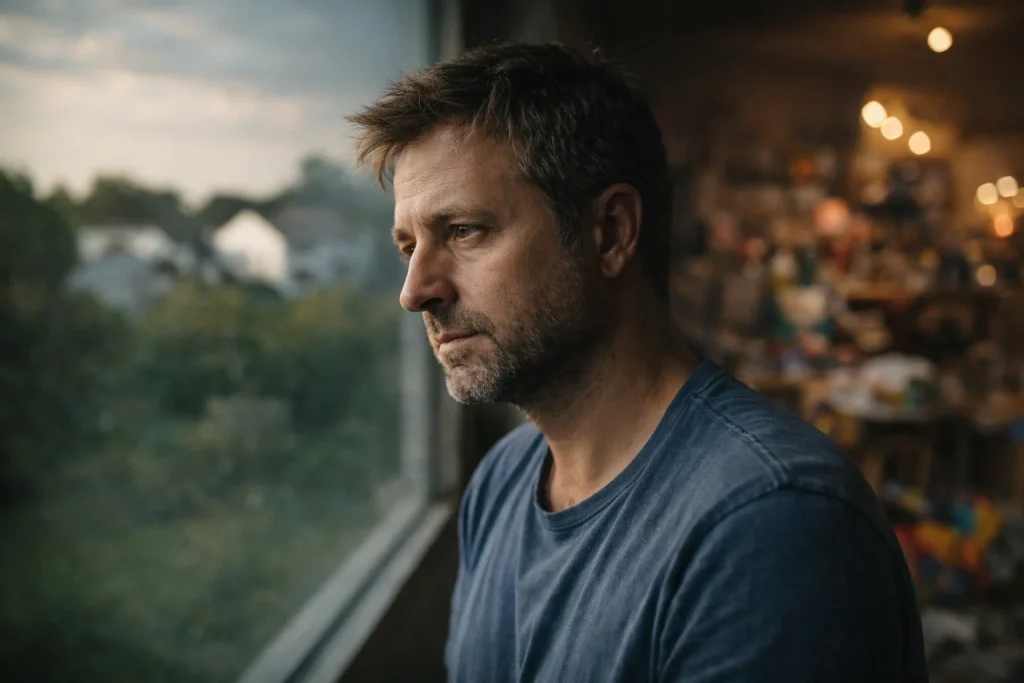 Adulto mirando al horizonte con fondo dividido entre orden y caos, representando el contraste emocional en la vida diaria.