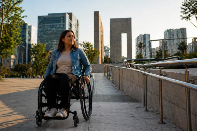 Mujer usuaria de silla de ruedas desplazándose de forma autónoma en una plaza accesible de la Ciudad de México con rampas y entorno urbano moderno.