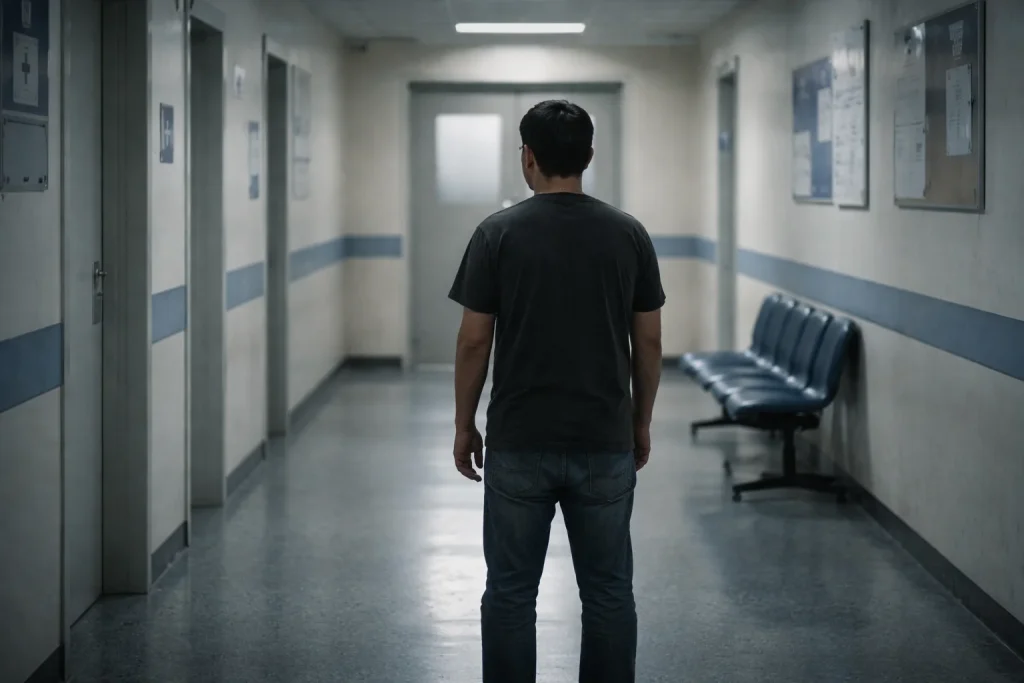 Persona adulta de espaldas en un pasillo m&eacute;dico vac&iacute;o observando una puerta cerrada, simbolizando la falta de acceso a servicios de salud