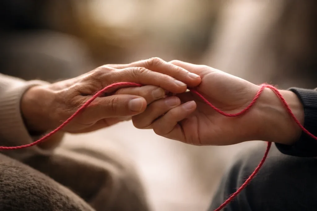 Primer plano de dos manos conectadas por un hilo rojo, s&iacute;mbolo de comunicaci&oacute;n y empat&iacute;a entre personas.