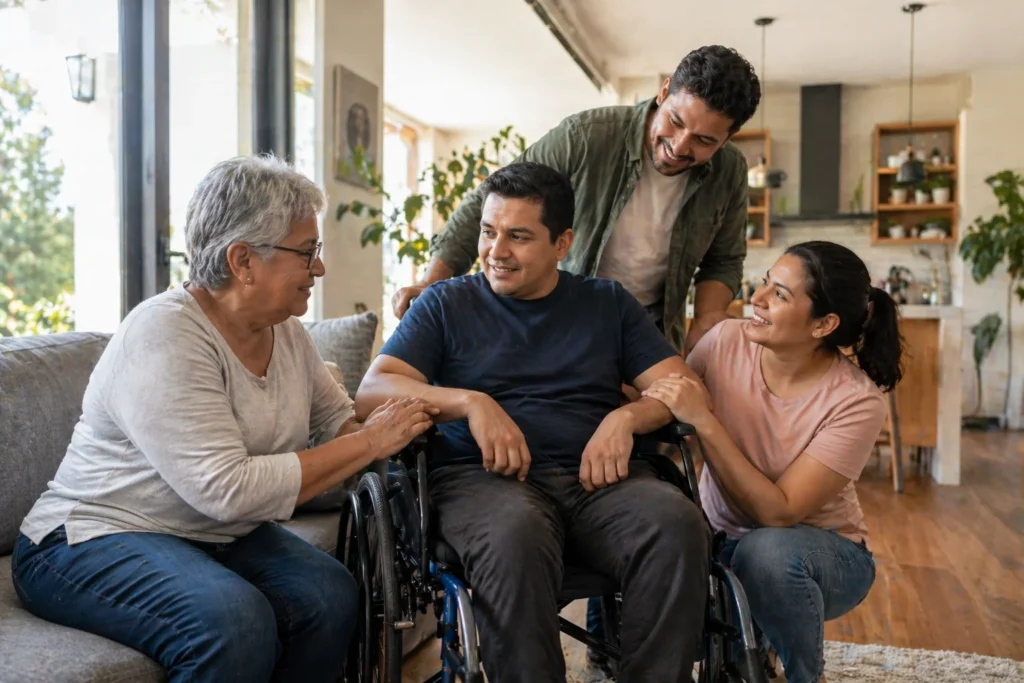 Familia apoyando a una persona con discapacidad y un adulto mayor en un hogar moderno, mostrando cuidados compartidos e inclusión.