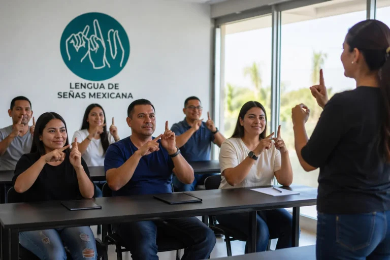 Los Cabos impulsa cursos gratuitos de Lengua de Señas Mexicana 1 Adultos participan en curso gratuito de Lengua de Señas Mexicana en aula moderna de Los Cabos.