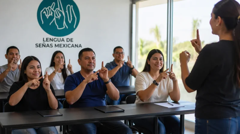 Adultos participan en curso gratuito de Lengua de Señas Mexicana en aula moderna de Los Cabos.
