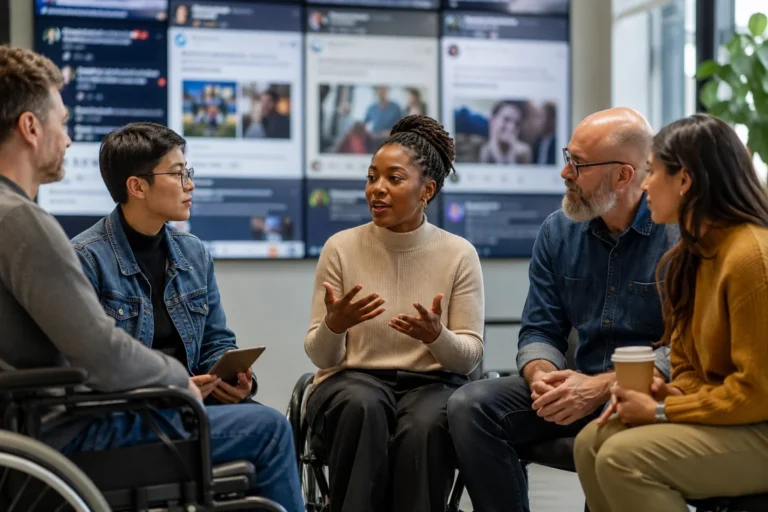 Grupo diverso de adultos dialoga sobre inclusión y lenguaje respetuoso en una oficina moderna con pantallas digitales al fondo.