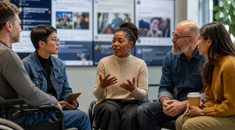 Grupo diverso de adultos dialoga sobre inclusión y lenguaje respetuoso en una oficina moderna con pantallas digitales al fondo.