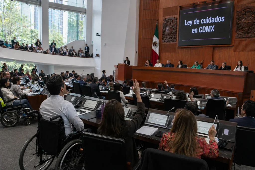 Sesión legislativa en Ciudad de México con diputadas y diputados debatiendo la ley de cuidados en CDMX, con presencia de personas con discapacidad en el recinto.