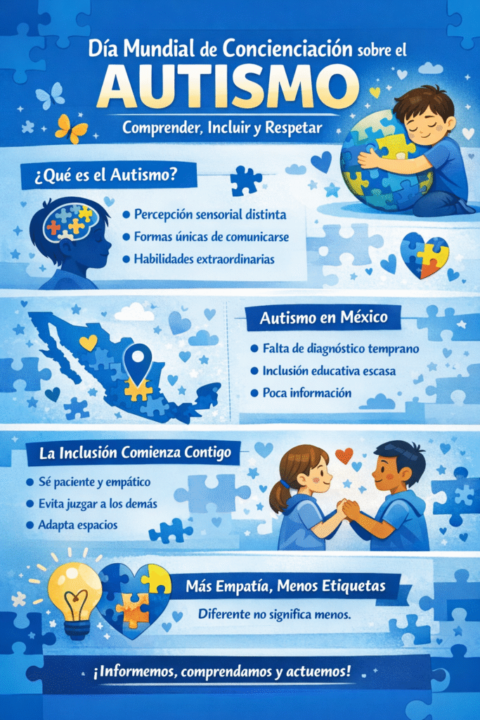 Infograf&iacute;a sobre el D&iacute;a Mundial de Concienciaci&oacute;n sobre el Autismo con informaci&oacute;n sobre inclusi&oacute;n, comprensi&oacute;n y el Trastorno del Espectro Autista.