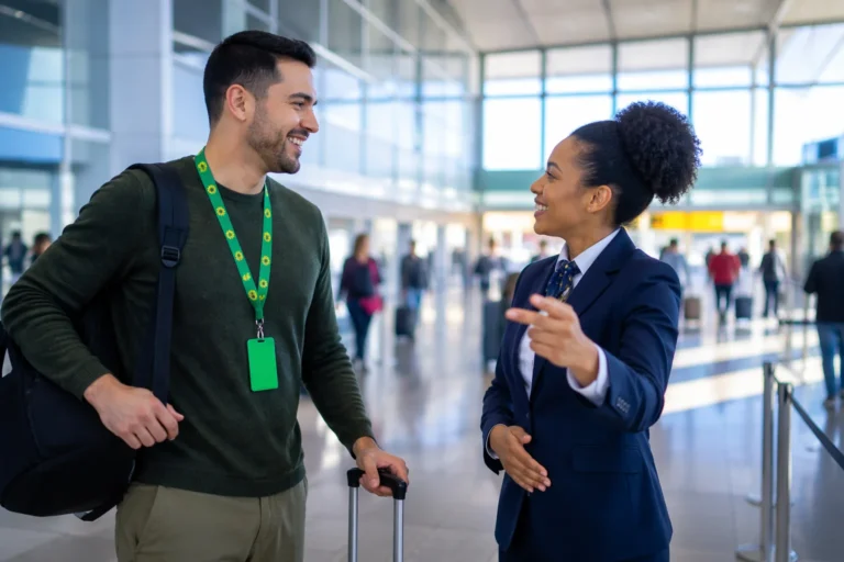 Persona adulta con cordón Sunflower recibe orientación de personal de atención en aeropuerto internacional moderno.