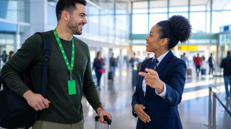 Persona adulta con cordón Sunflower recibe orientación de personal de atención en aeropuerto internacional moderno.