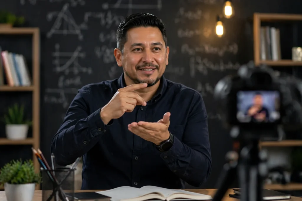 Profesor latinoamericano enseña matemáticas con lengua de señas frente a pizarrón en aula moderna inclusiva.