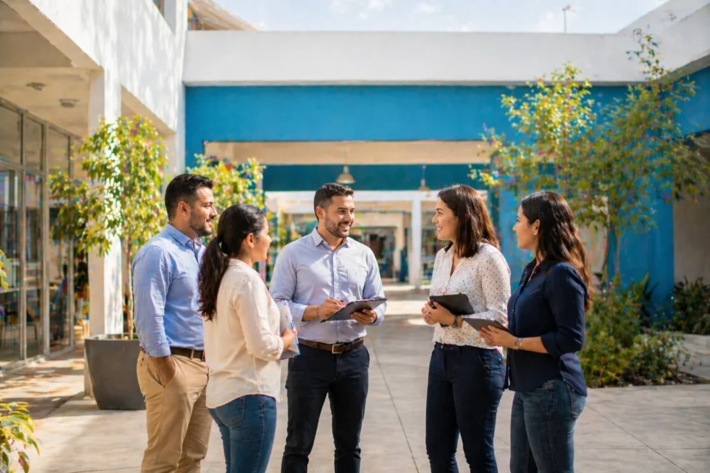Grupo de docentes conversa sobre estrategias de inclusión en patio interior de escuela moderna en Baja California Sur.