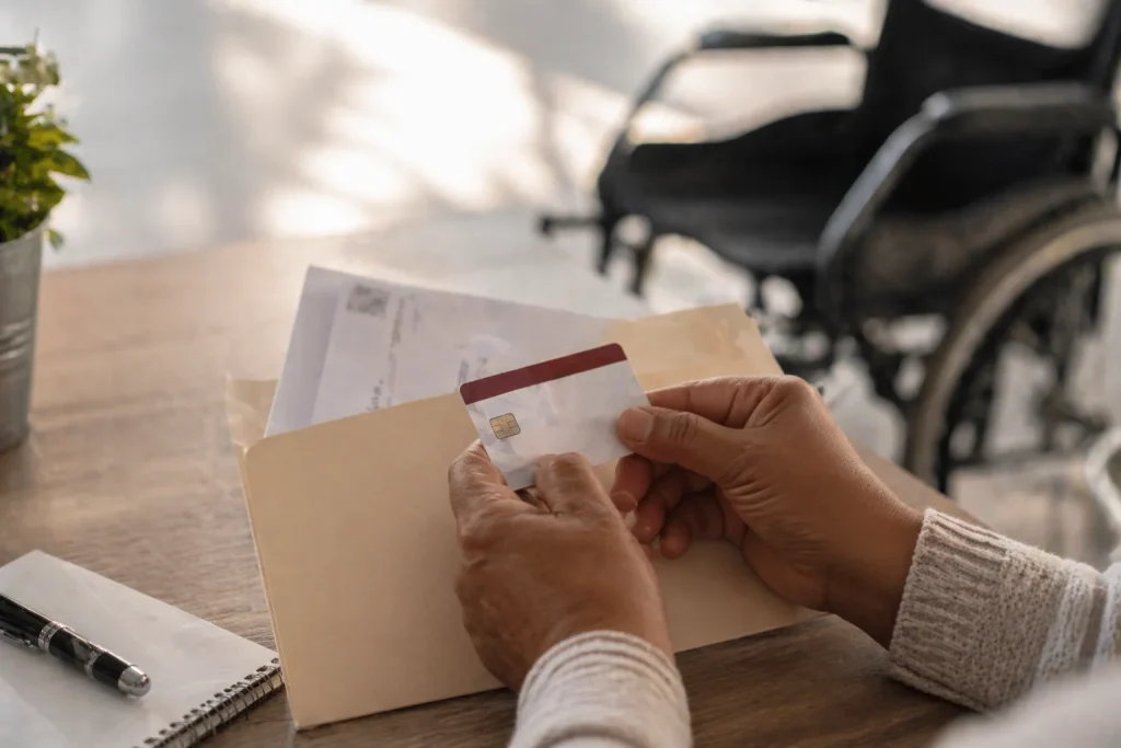 Manos adultas sostienen documentos oficiales y tarjeta de apoyo social sobre mesa, con silla de ruedas desenfocada al fondo.