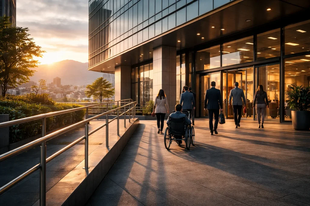 Edificio empresarial moderno en Bogot&aacute; con rampa accesible y trabajadores ingresando al amanecer.