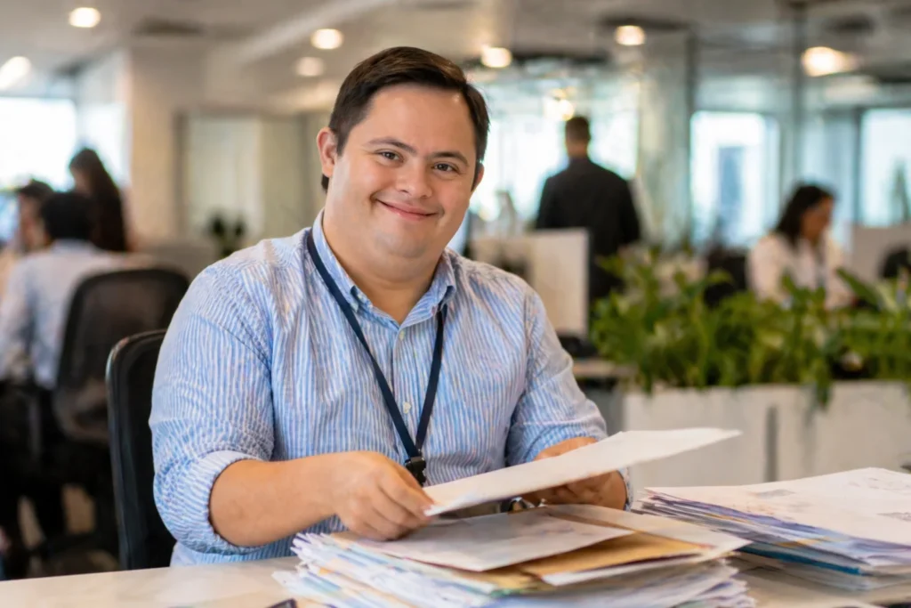 Empleado con síndrome de Down organiza documentos en oficina moderna mexicana con expresión segura y profesional.