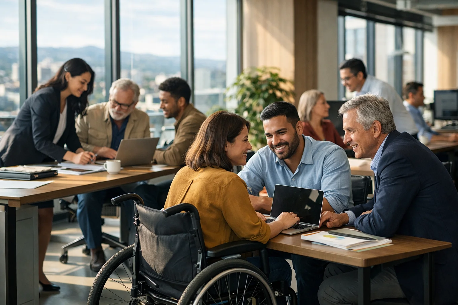 Equipo de trabajo diverso en oficina moderna de Colombia con persona usuaria de silla de ruedas participando en reuni&oacute;n laboral inclusiva.
