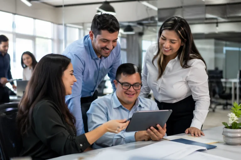 Equipo laboral diverso en oficina moderna de México trabaja junto a empleado con síndrome de Down en ambiente profesional inclusivo.