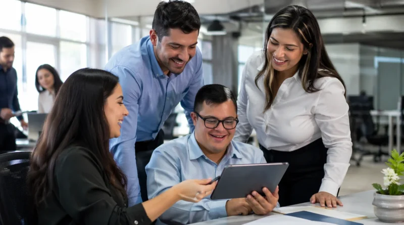 Equipo laboral diverso en oficina moderna de México trabaja junto a empleado con síndrome de Down en ambiente profesional inclusivo.