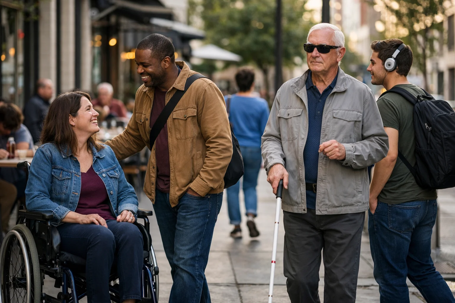 Personas adultas con distintas discapacidades interact&uacute;an en un entorno urbano accesible, incluyendo una mujer en silla de ruedas, un hombre con bast&oacute;n blanco y otra persona con aud&iacute;fonos adaptados