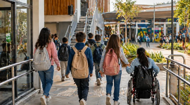 Aula inclusiva moderna en Argentina con docente guiando a estudiantes diversos que trabajan juntos usando tablets y pizarra digital.