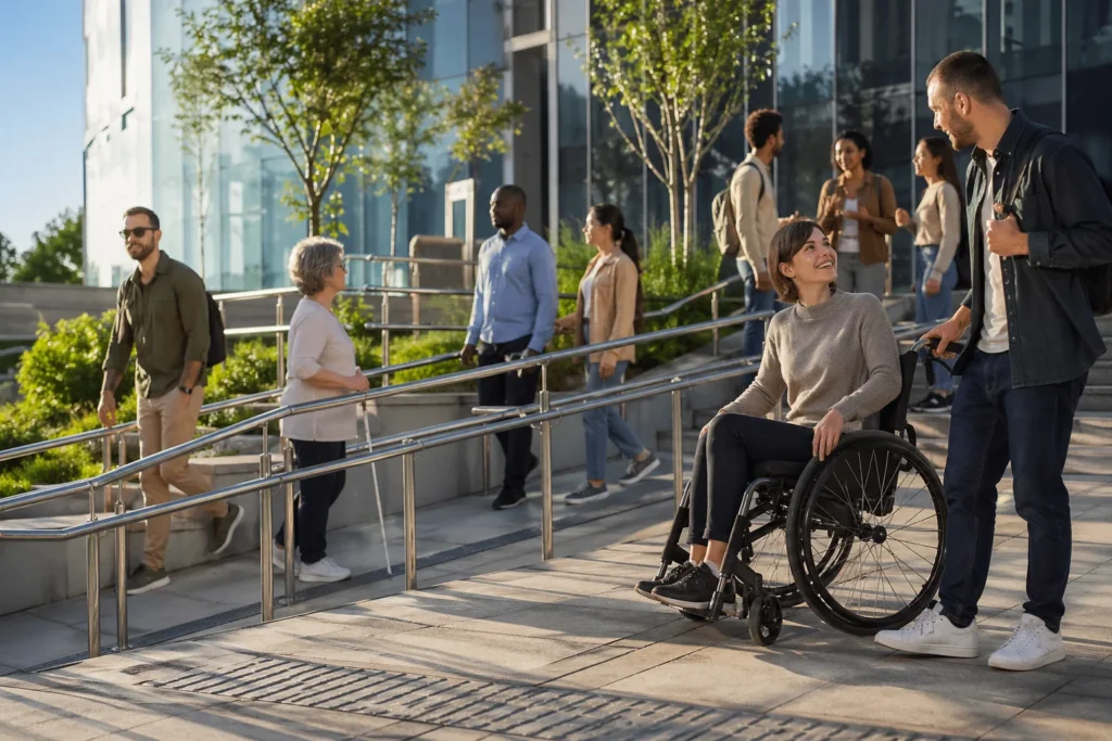Personas adultas con distintas discapacidades conviven en una plaza urbana moderna con rampas accesibles, arquitectura contemporánea y ambiente inclusivo.
