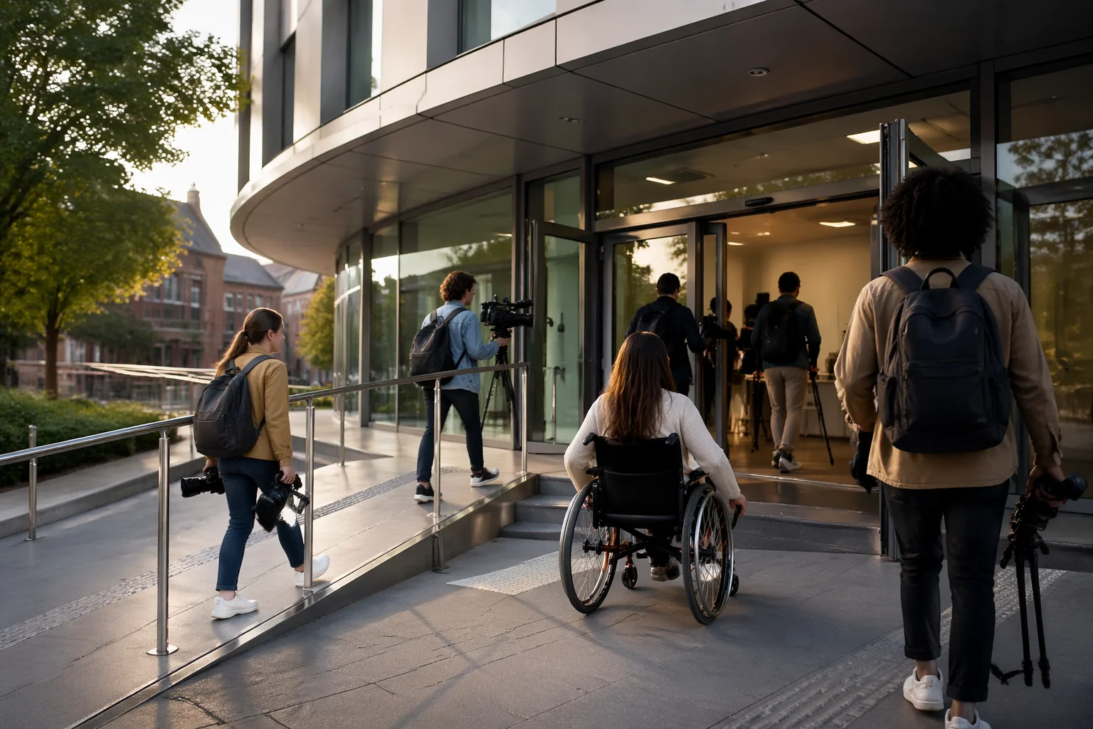 Campus universitario moderno en Londres con acceso inclusivo, rampa de entrada y estudiantes adultos ingresando con c&aacute;maras y equipo audiovisual.