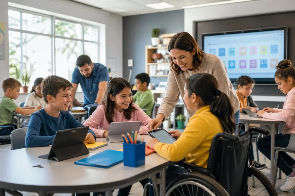 Entrada de escuela moderna en Argentina con rampa accesible y estudiantes caminando juntos hacia el patio escolar.