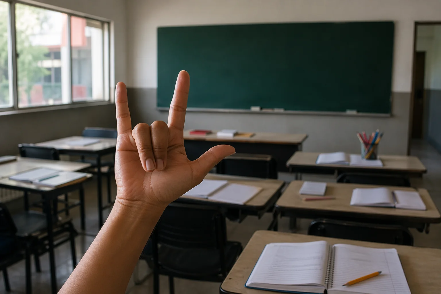 Aula pública moderna en México vacía con cuadernos sobre escritorios y mano adulta realizando Lengua de Señas Mexicana frente al pizarrón.