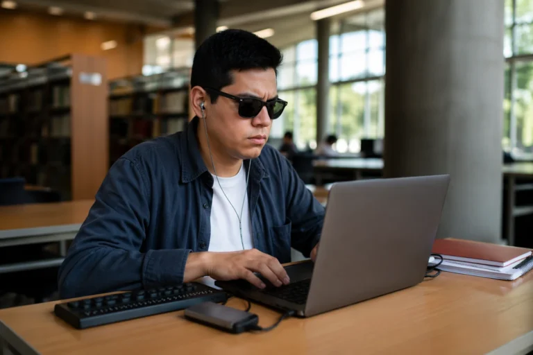 Estudiante universitario con discapacidad visual utiliza lector de pantalla en laptop dentro de biblioteca moderna en México.