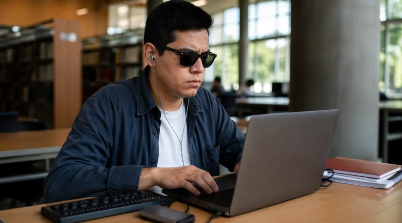 Estudiante universitario con discapacidad visual utiliza lector de pantalla en laptop dentro de biblioteca moderna en México.